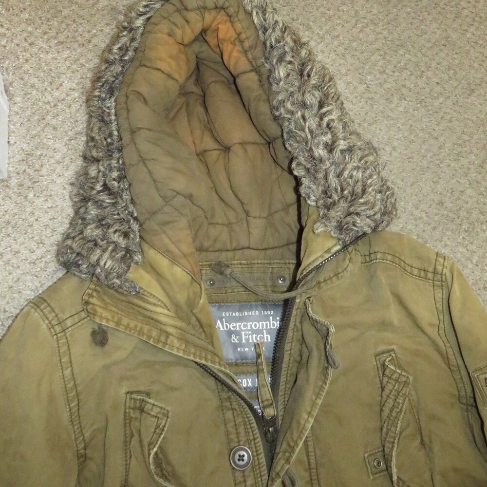 VTG Abercrombie & Fitch Wilcox Jacket Men’s S Olive Green Faux Fur Hooded Parka - Picture 2 of 6